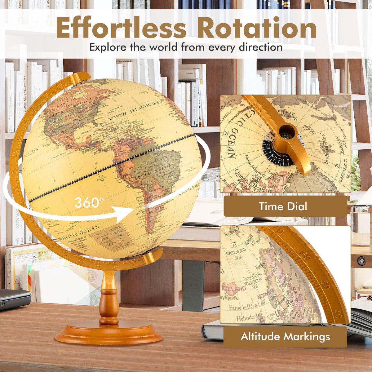 30 cm Illuminated World Globe, Antique Light up Globe Night Lamp with Wooden Stand and Clear Map for Kids and Adults
