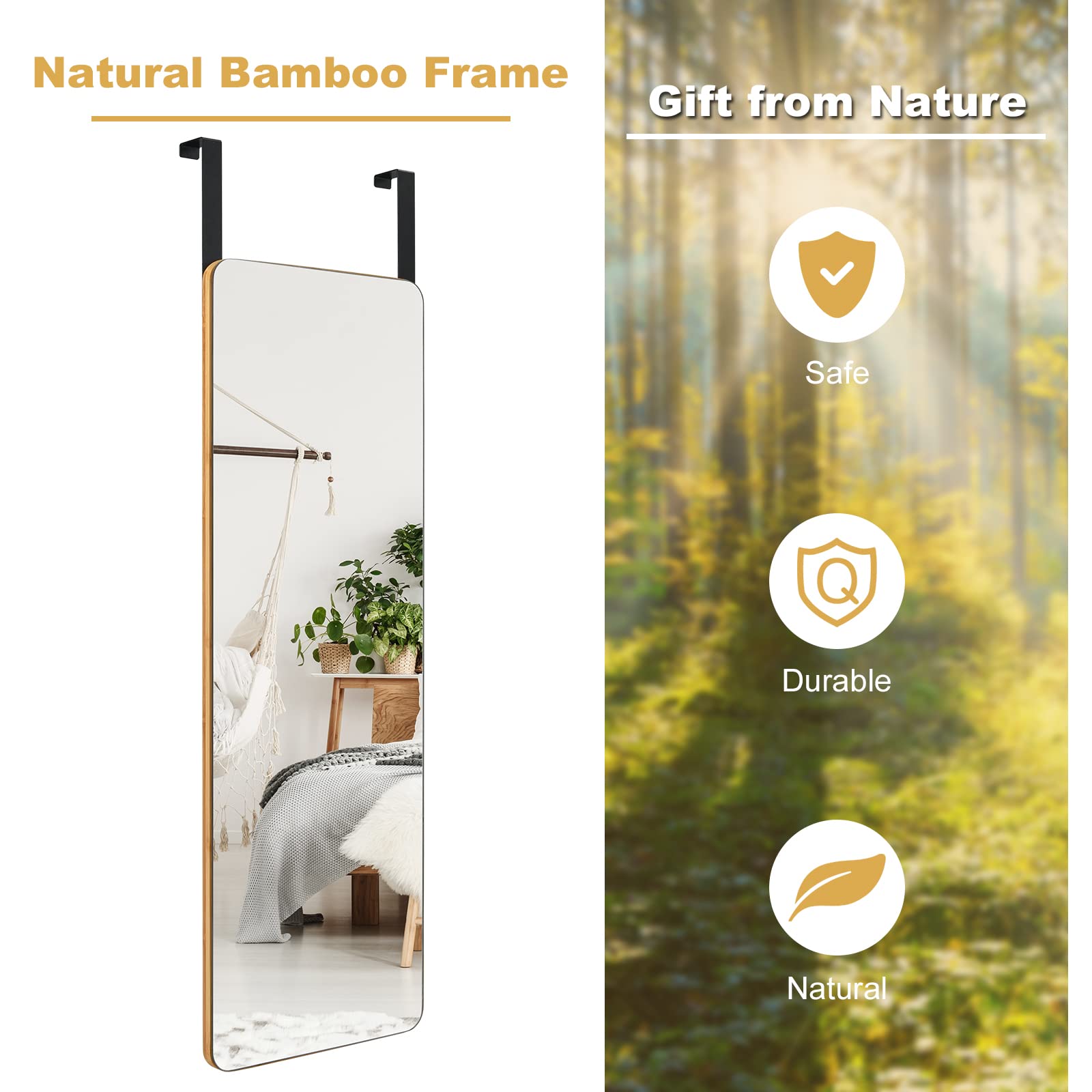 Giantex Full Length Mirror, Over The Door Mirror, Rectangle Wall Mounted Mirror w/ Bamboo Frame & Round Corners