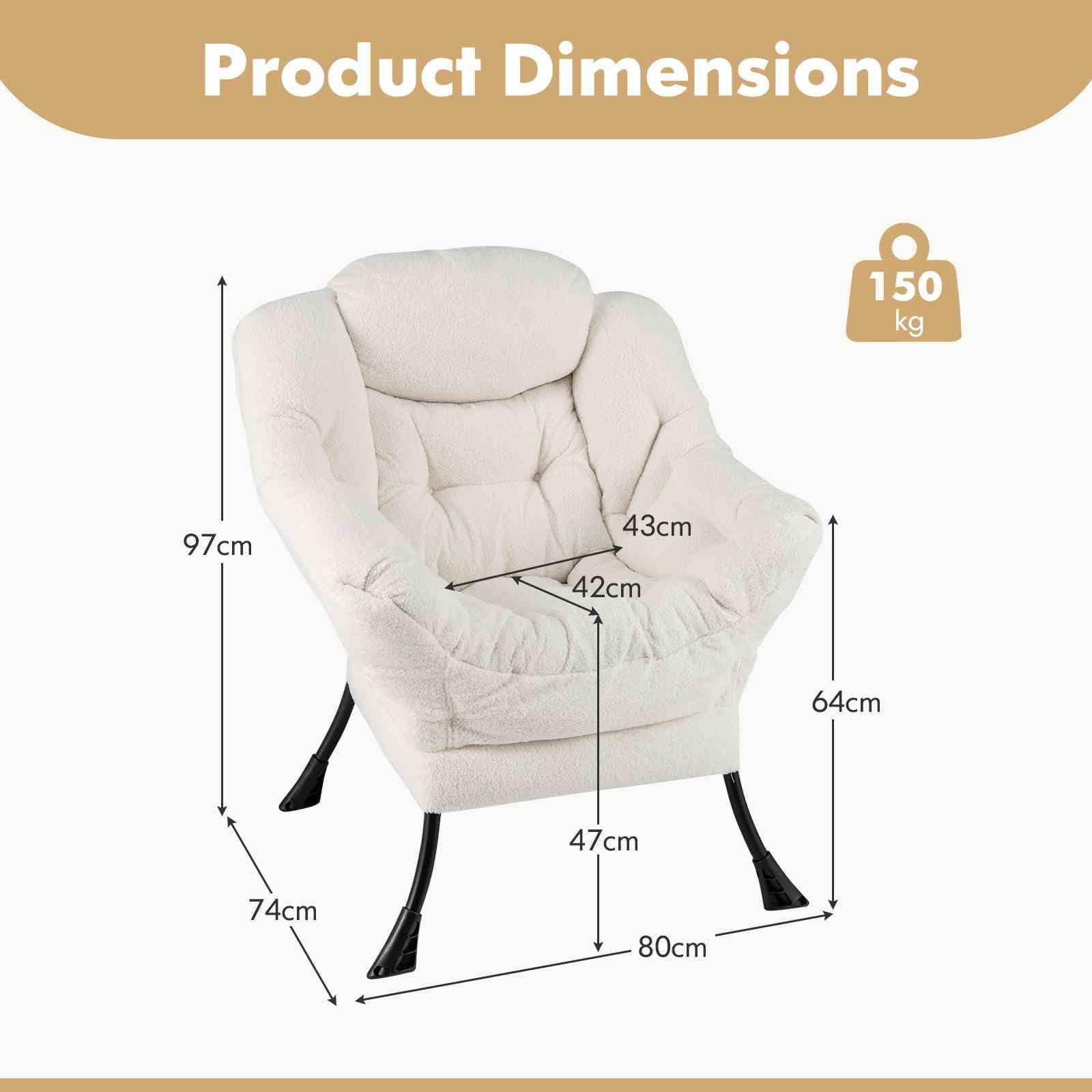 Large Lazy Chair, Sherpa Upholstered Accent Chair with Cozy Head Pillow, Stylish Tufted Back & Seat