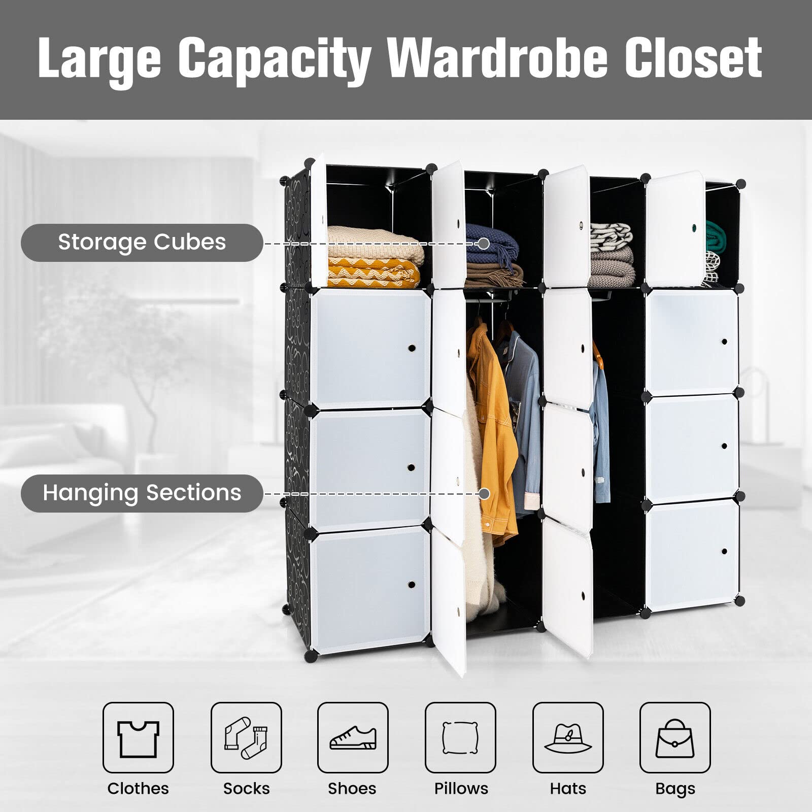 Giantex 16-Cube Storage Organizer DIY Modular Closet Storage Cabinet with Hanging Poles for Clothing Black
