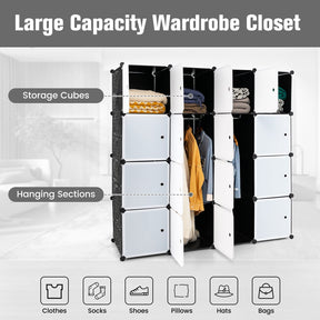 Giantex 16-Cube Storage Organizer DIY Modular Closet Storage Cabinet with Hanging Poles for Clothing Black