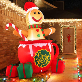 210CM Inflatable Gingerbread Man in Hot Cocoa Mug, Xmas Blow up Yard Decoration with Built-in LED Lights