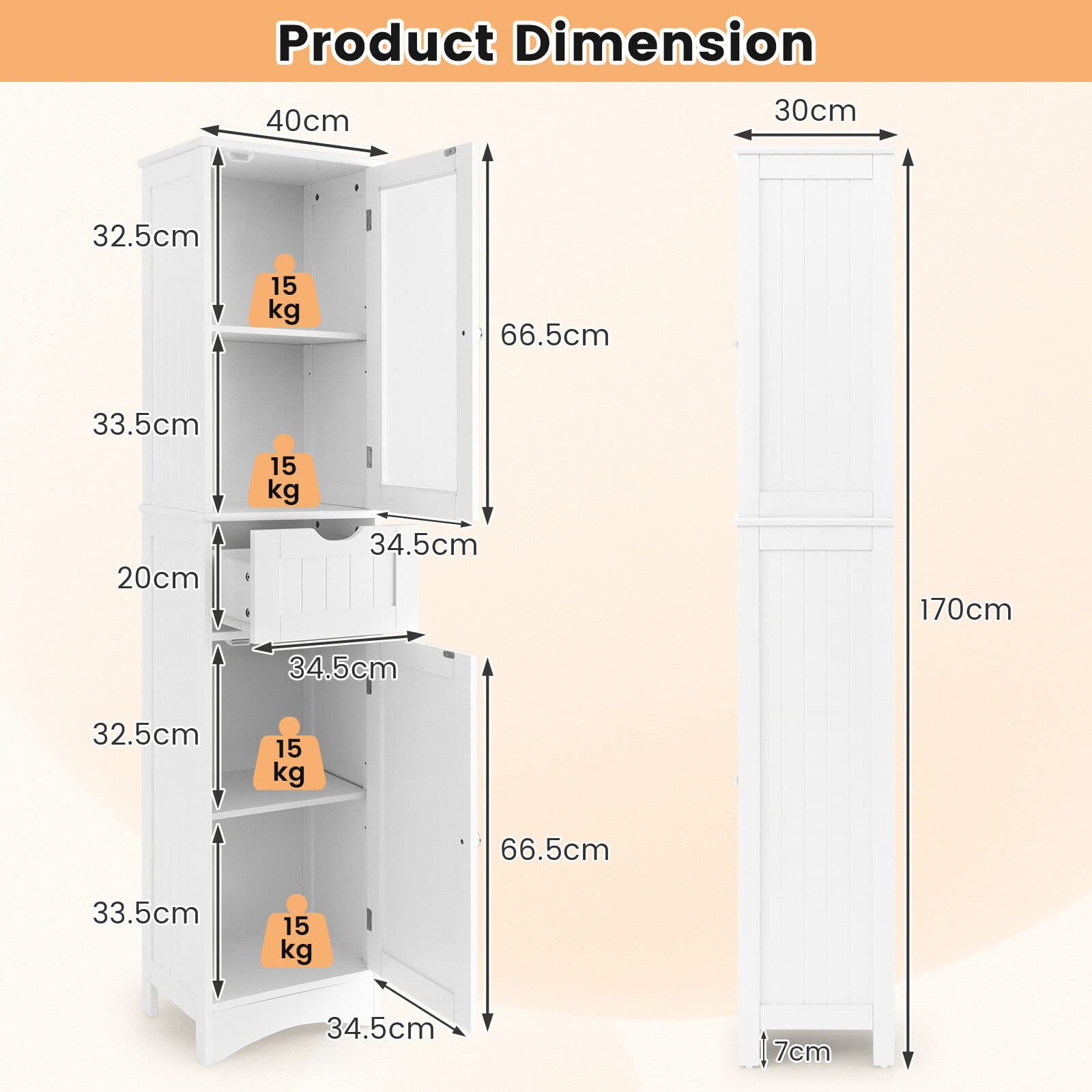 Giantex Freestanding Storage Cabinet, 170 cm Tall Slim Bathroom Cabinet with 2 Adjustable Shelves, 2 Doors and 1 Drawer