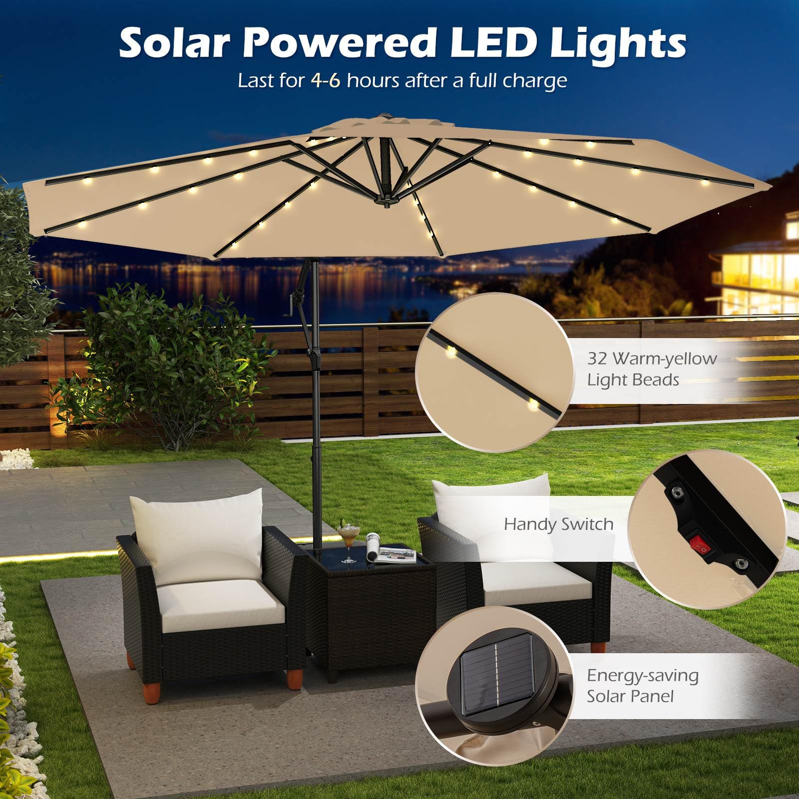 3m Solar Offset Hanging Umbrella with Base, Patio Cantilever Umbrella