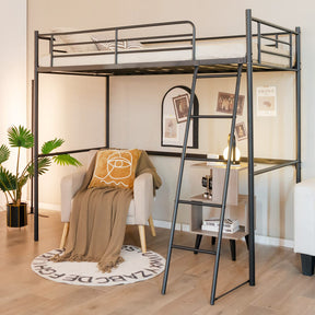 Loft Bed with Ladder, Heavy-Duty Steel Bed Frame with High Guard Rails, Versatile Bed Frame with Ample Underneath Floor Space for Working & Relaxation