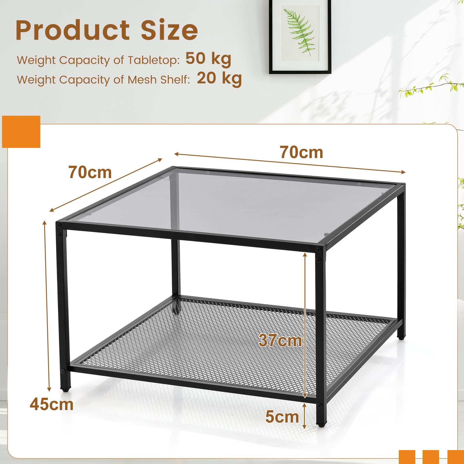 Giantex Glass Coffee Table with Storage, 70cm Modern 2-Tier Square Coffee Table with Mesh Shelf