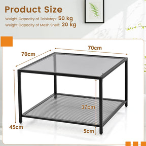 Giantex Glass Coffee Table with Storage, 70cm Modern 2-Tier Square Coffee Table with Mesh Shelf