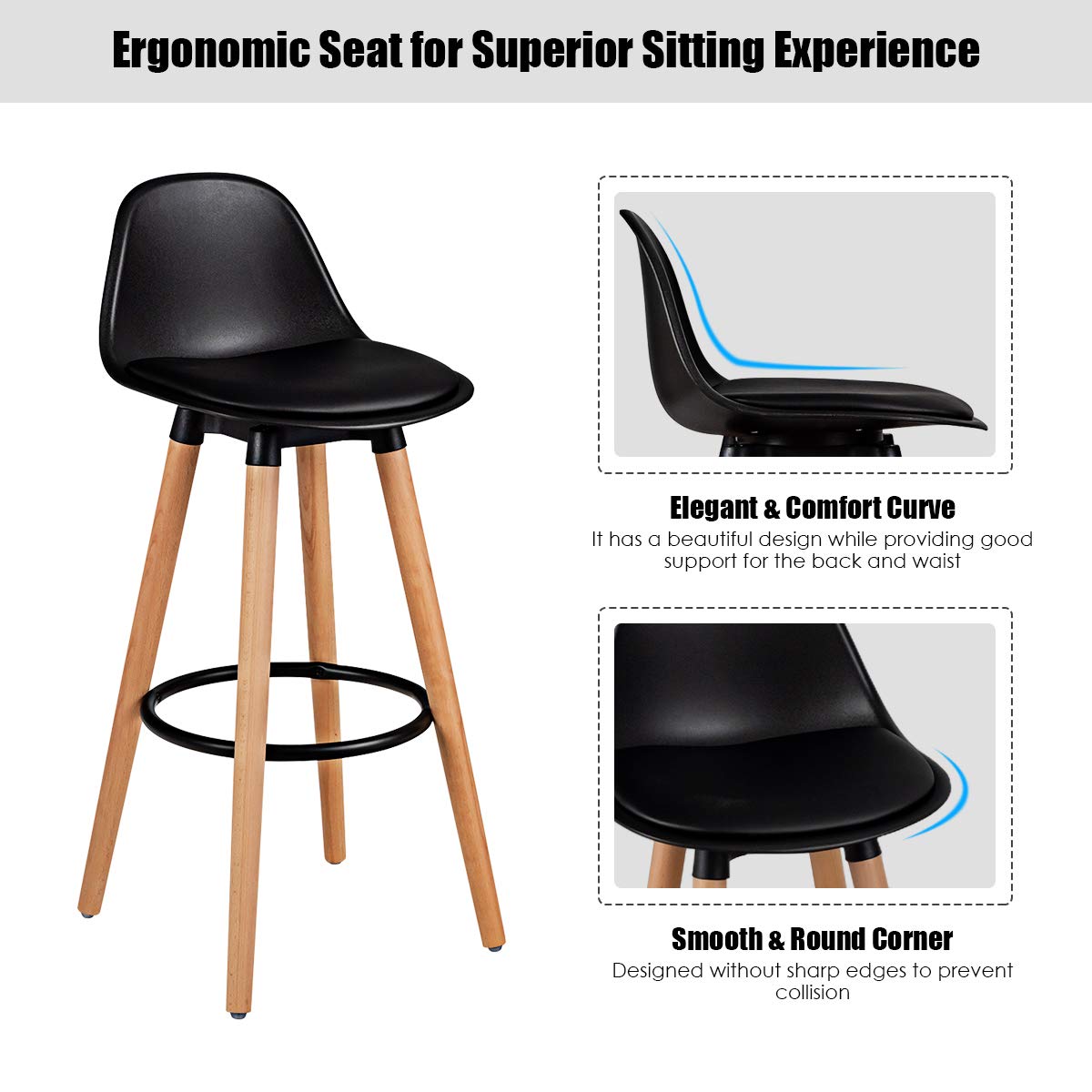 2Pcs Bar Stools, Pub High Barstool Dinning Chair w/ Round Metal Footrest, Beech Wood Legs