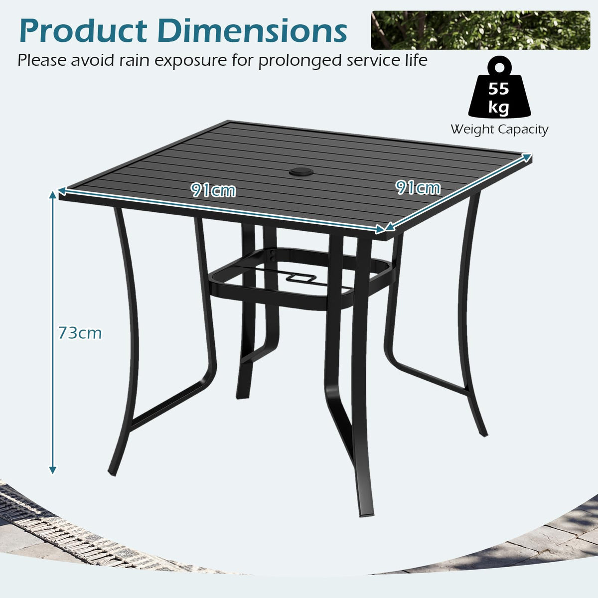 Square Patio Table for 4 , 91 cm Square Metal Slat Table with 4-6 cm Adjustable Umbrella Hole