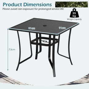 Square Patio Table for 4 , 91 cm Square Metal Slat Table with 4-6 cm Adjustable Umbrella Hole