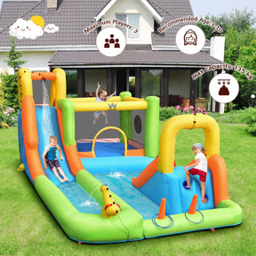 8 in 1 Inflatable Water Slide, Water Park w/Double Slides, Basketball Hoop, Water Gun (with 750W Blower)