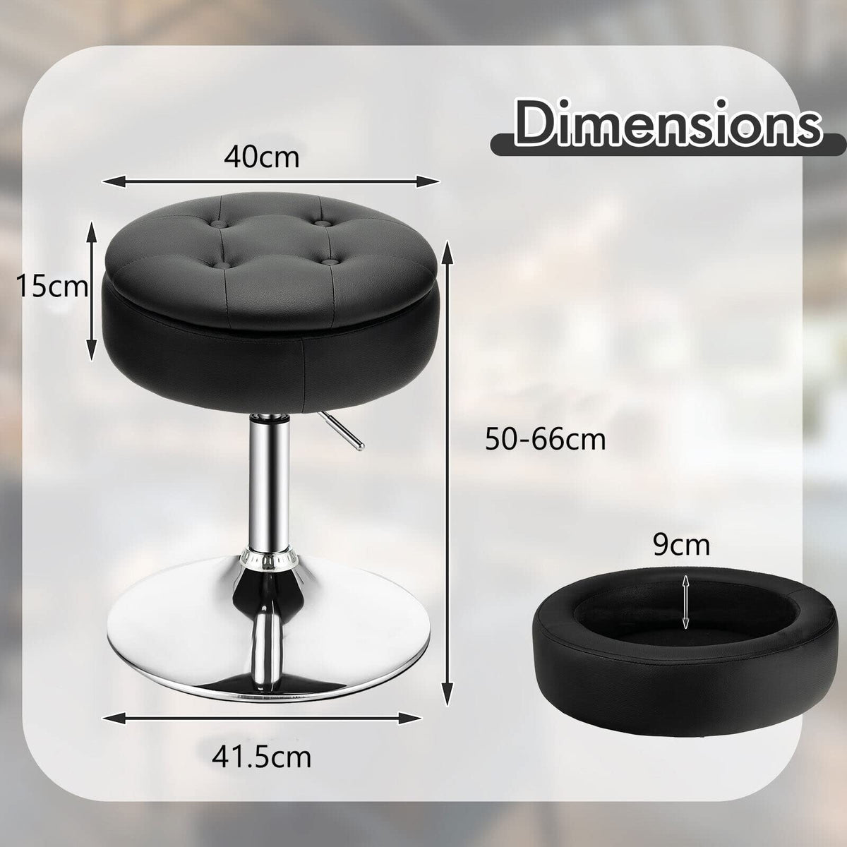 Vanity Stool with Storage, 360° Swivel PU Leather Vanity Chair, 50-66cm Height Adjustable Makeup Stool with Flipped Lid