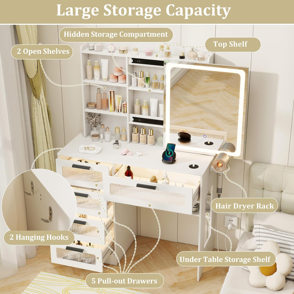 Makeup Vanity Desk w/Mirror & Lights, Dressing Table and Stool Set w/Charging Station