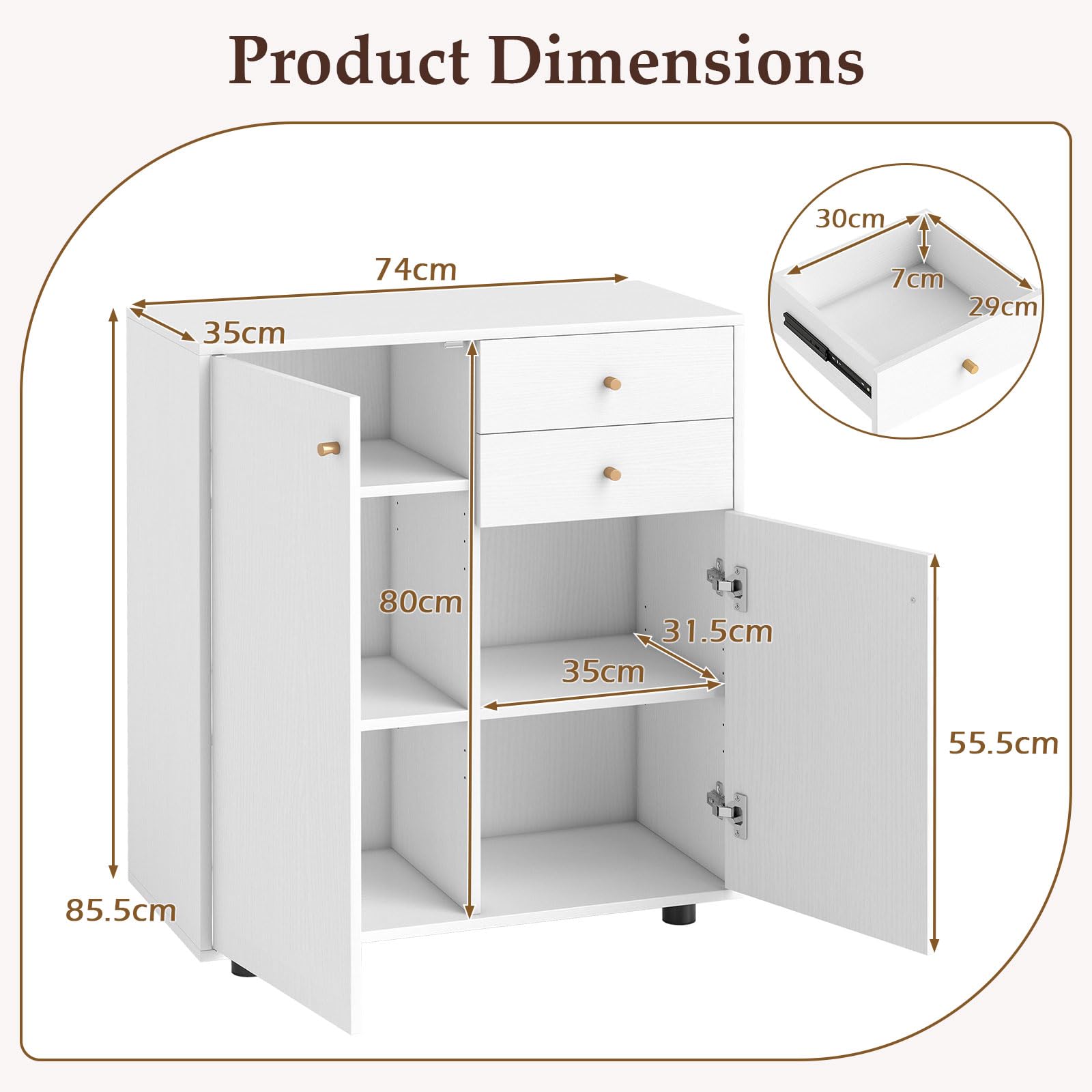 Kitchen Sideboard Buffet Cabinet with 2 Drawers 2 Doors and 3 Adjustable Shelves