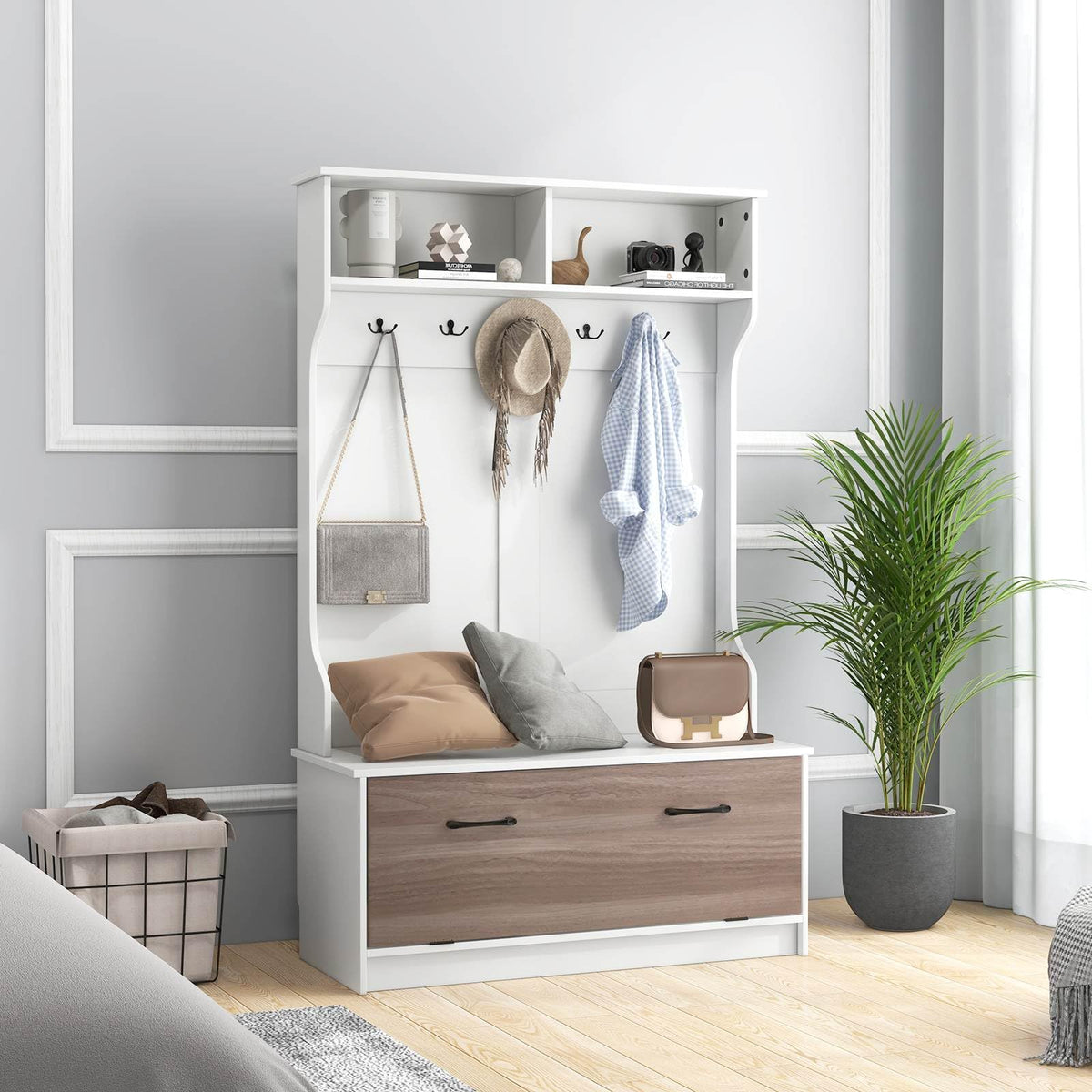 160 cm Hall Tree with Coat Rack and Storage Bench, Versatile Coat Rack with Entryway Bench