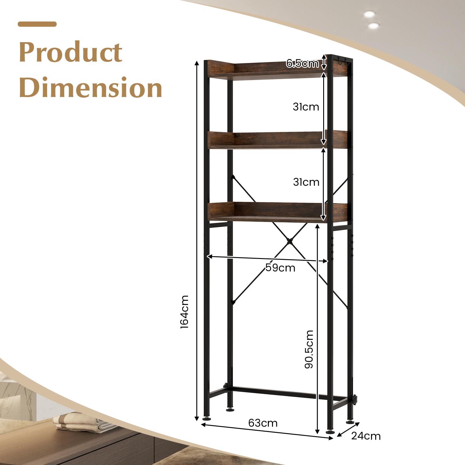 Giantex Over The Toilet Storage Rack 3-Tier Bathroom Space Saver Organizer Shelf w/ 4 Hooks & Adjustable Bottom Bar