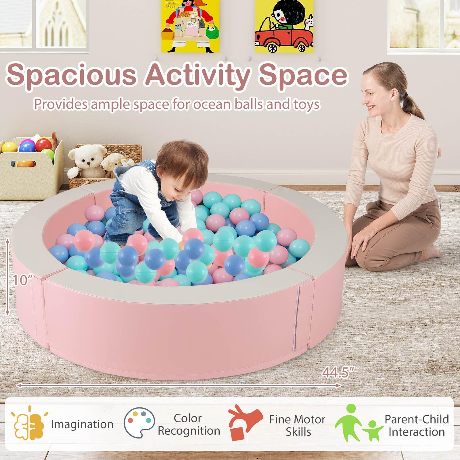 BABY JOY 113 x 26 cm Baby Ball Pit, Detachable Foam Ball Pit with 50 Colorful Ocean Balls
