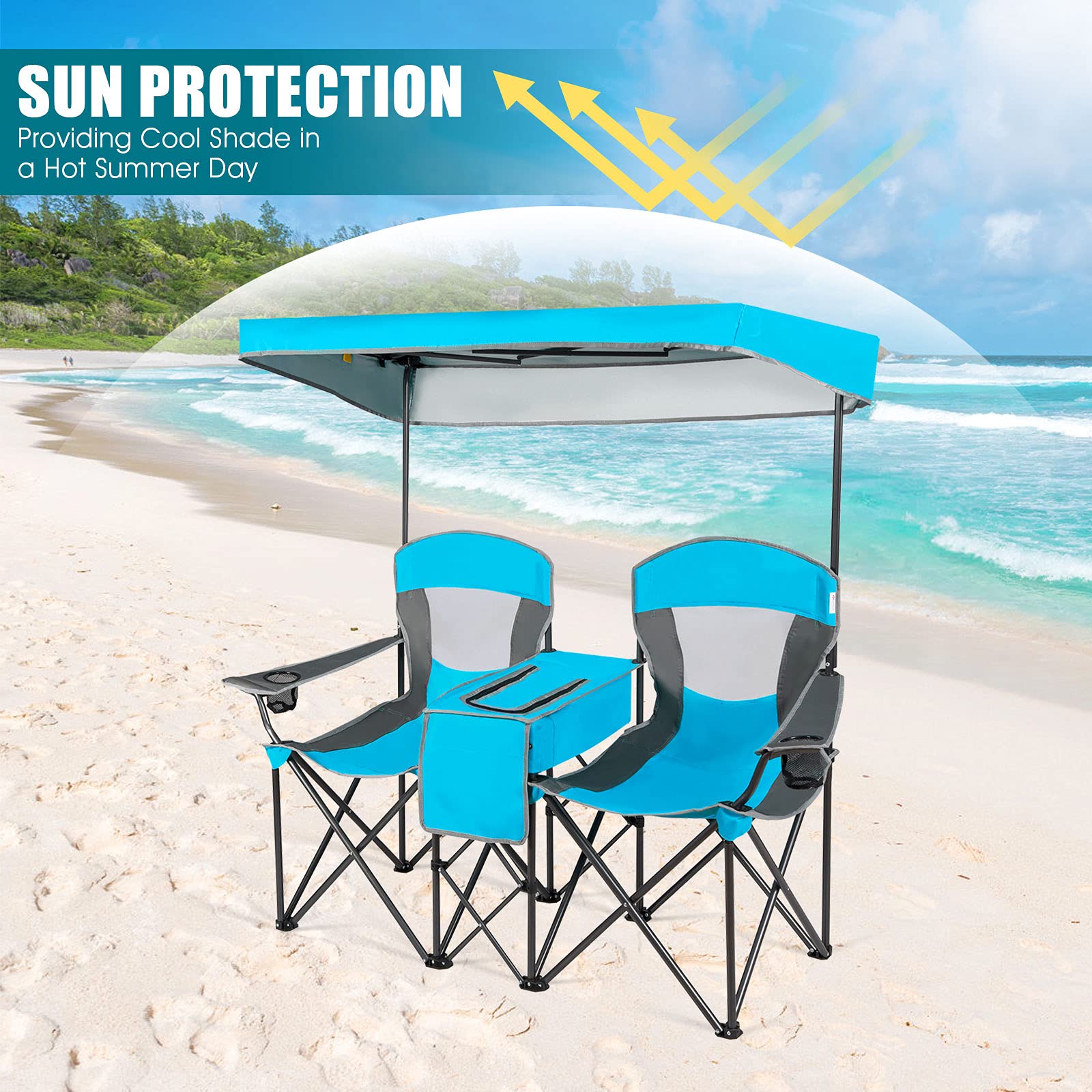 Double Folding Canopy Chair, Outdoor 2-Person Camping Seat with Adjustable Sun Shade