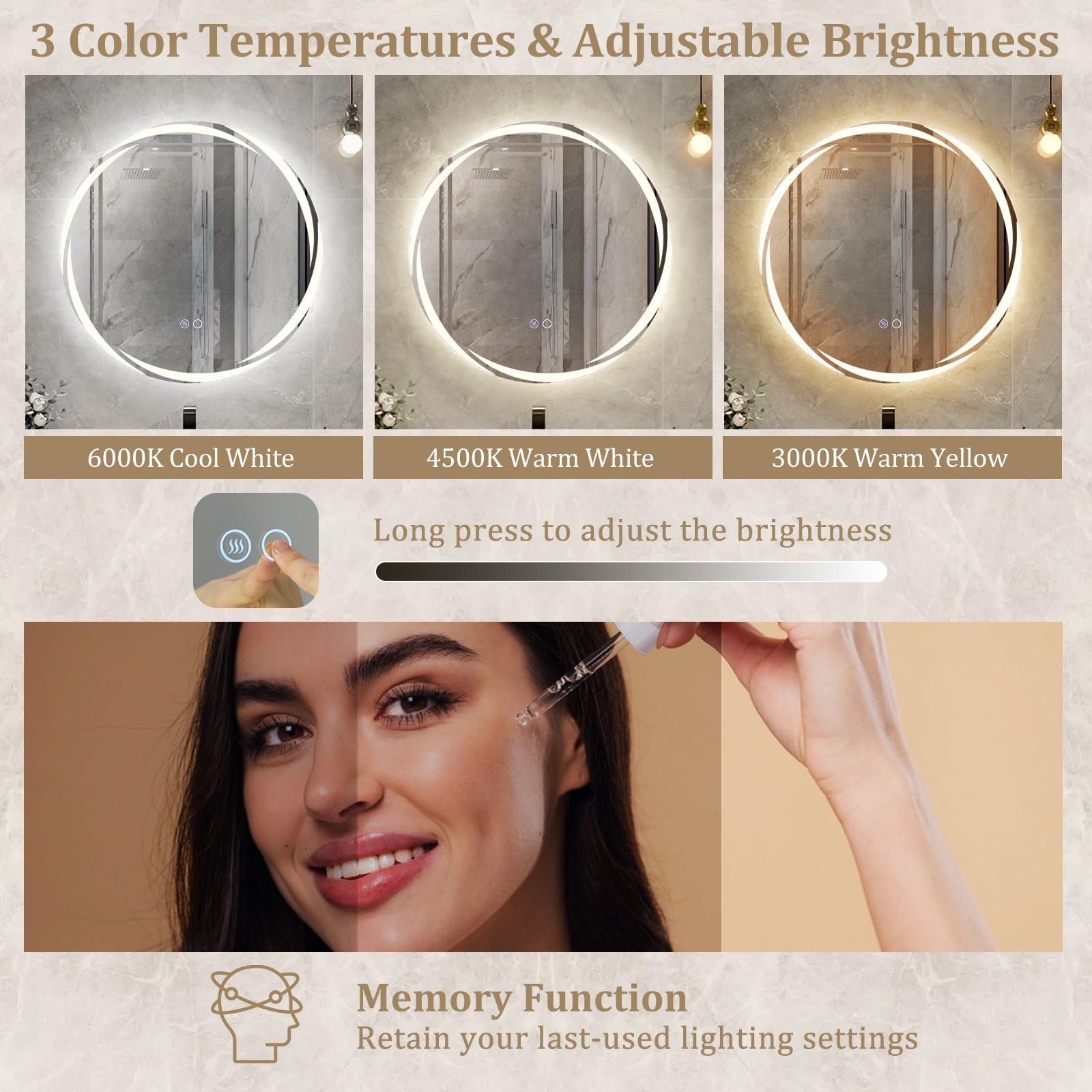 60 x 60 CM Round LED Bathroom Mirror with 3-Color Dimmable Lights