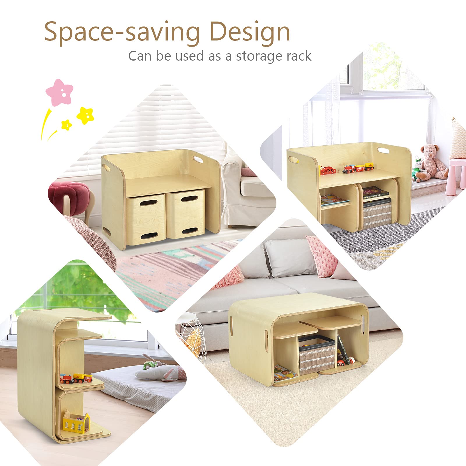 HONEY JOY Kids Table and Chair Set, 3 Pieces Wooden Activity Table Bench w/Storage Shelves