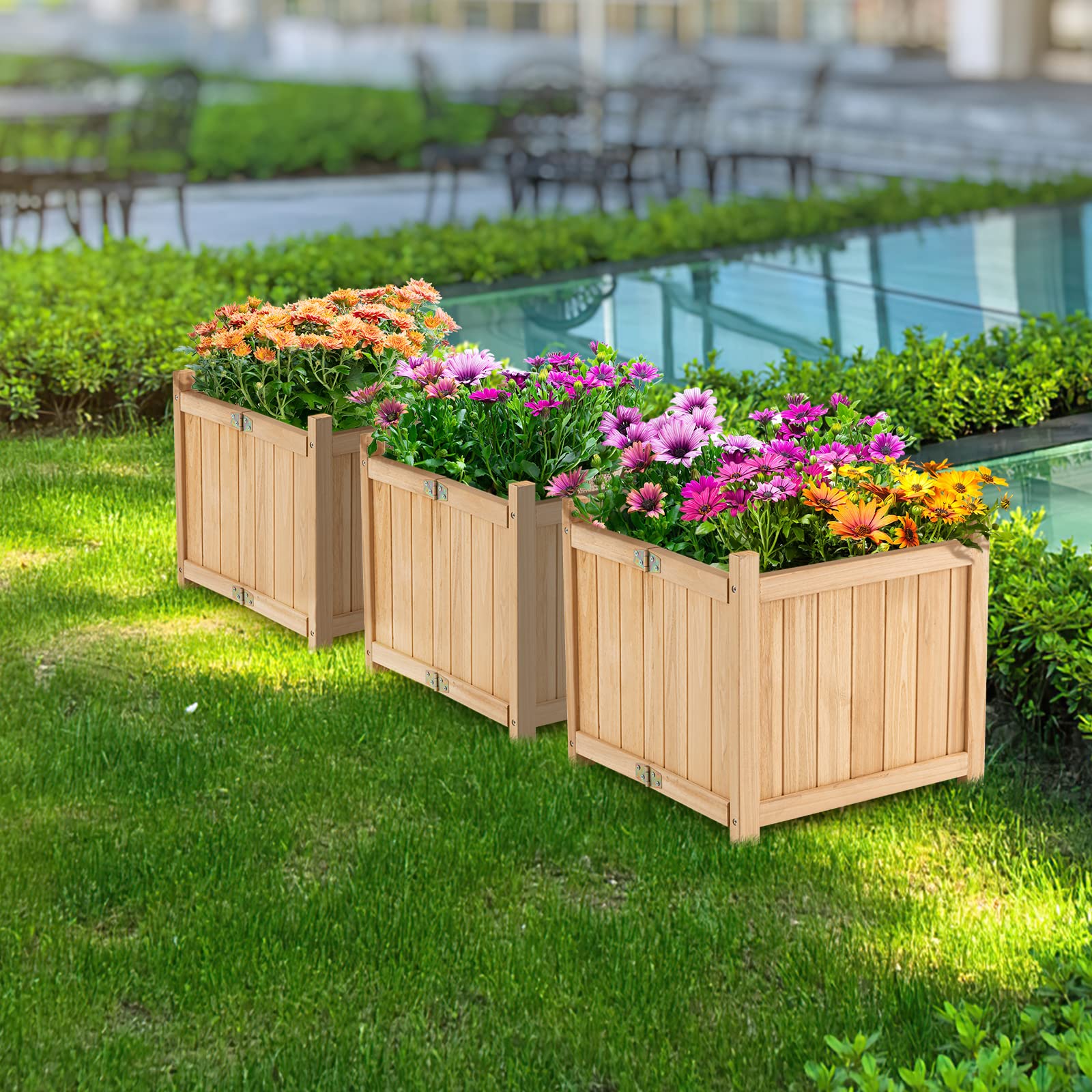 Fir Wood Raised Garden Bed, Outdoor Elevated Planter w/Drainage Hole