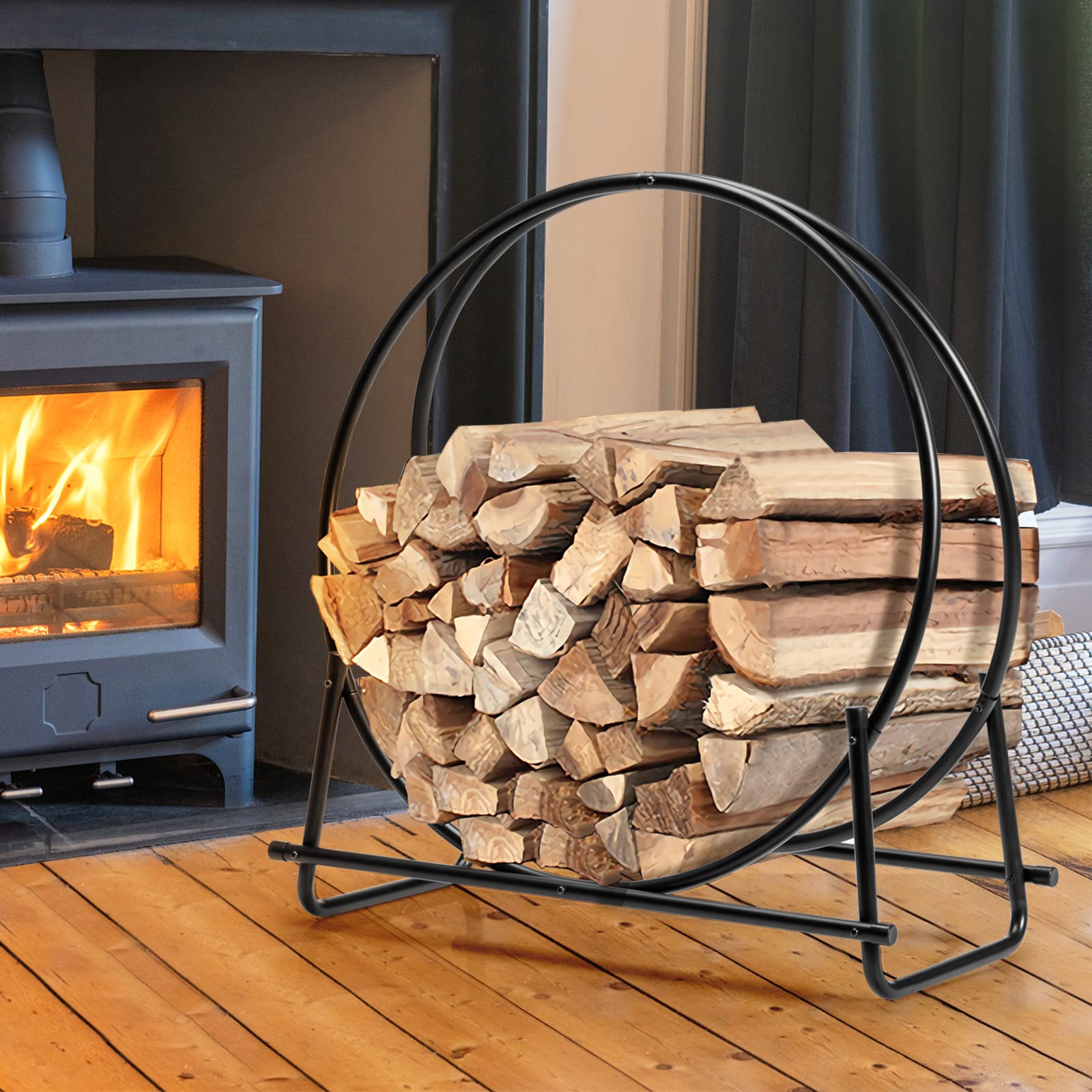 30" Tubular Steel Log Hoop Firewood Storage Rack Holder Round Display