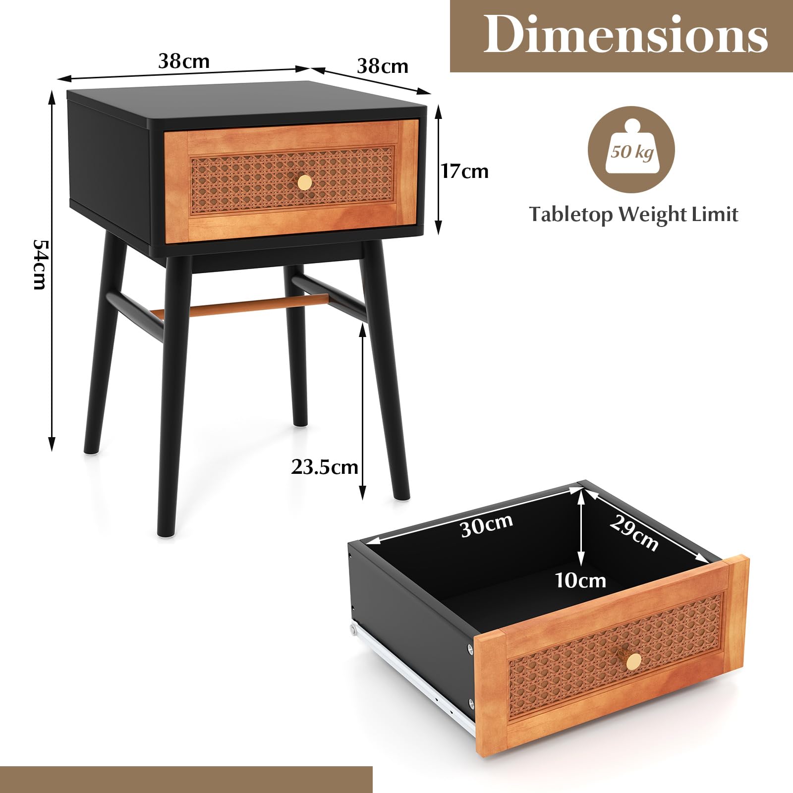 Giantex Rattan Nightstand, Boho Accent End Table with Storage Drawer