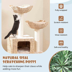 122cm Cattail Cat Tower w/Sisal Scratching Posts, Condo, Basket Bed