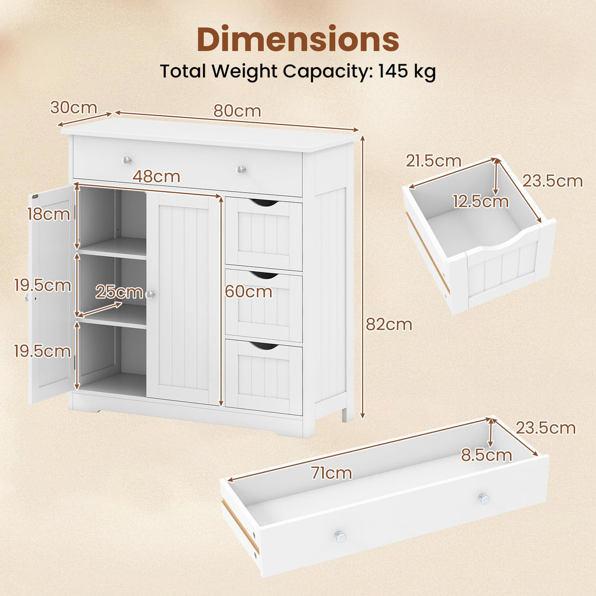 Bathroom Floor Cabinet, Large Storage Cabinet with 4 Drawers, 2 Doors & Adjustable Shelf