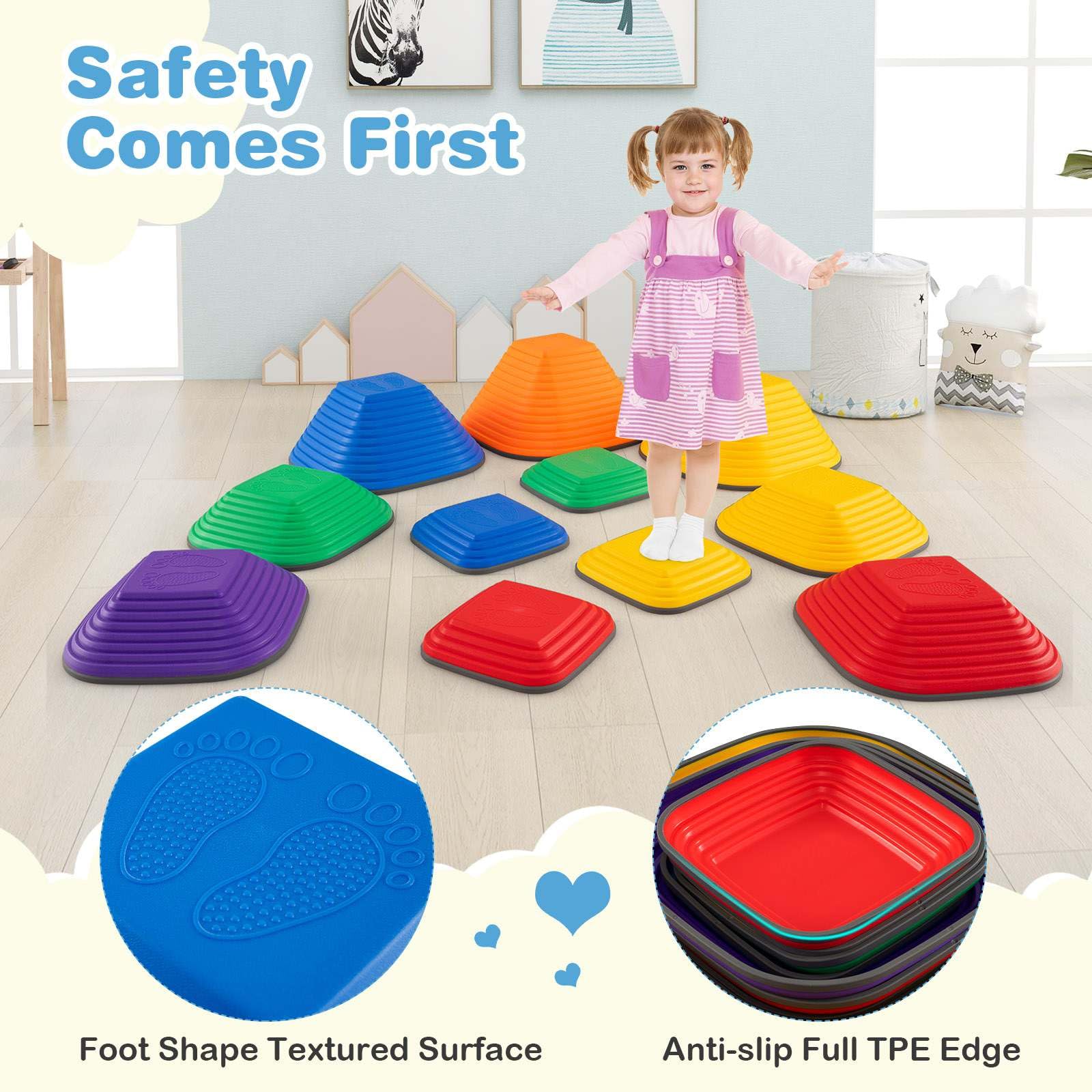 11 Pieces Stepping Stone with Full Non-Slip Rim for Kids