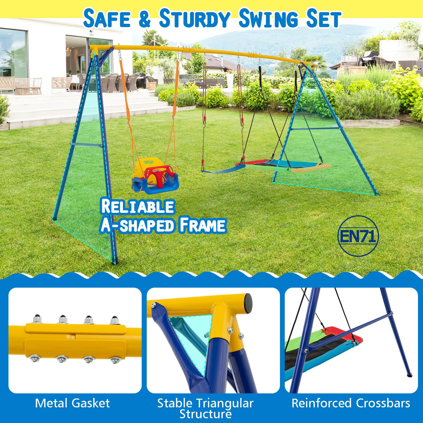 300 KG Indoor & Outdoor Swing Set, Heavy Duty Carbon Steel Swing Frame w/ 1 Belt Swing