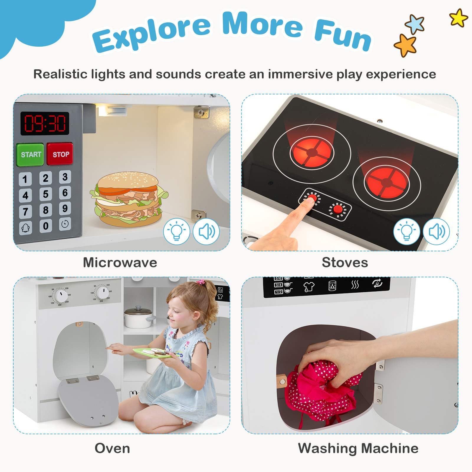 Corner Wooden Play Kitchen, 18 PCS Pretend Kitchen Playset w/Coffee Machine, Slide, Microwave, Oven