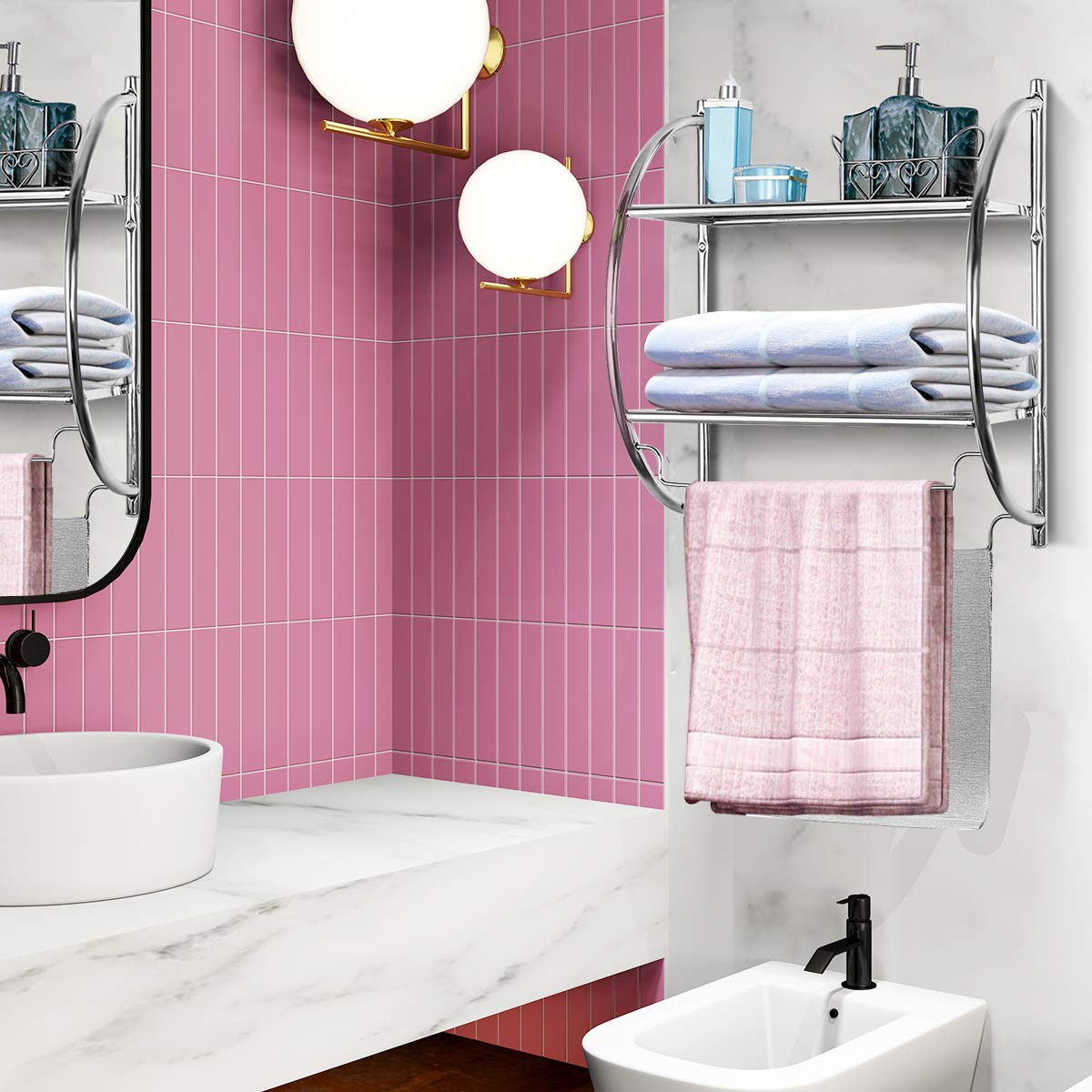2-Tier Wall-Mounted Towel Organizer Rack with/2 Hanging Bars, Metal Bathroom Toilet Storage Shelf