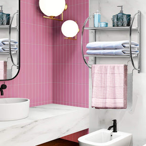 2-Tier Wall-Mounted Towel Organizer Rack with/2 Hanging Bars, Metal Bathroom Toilet Storage Shelf