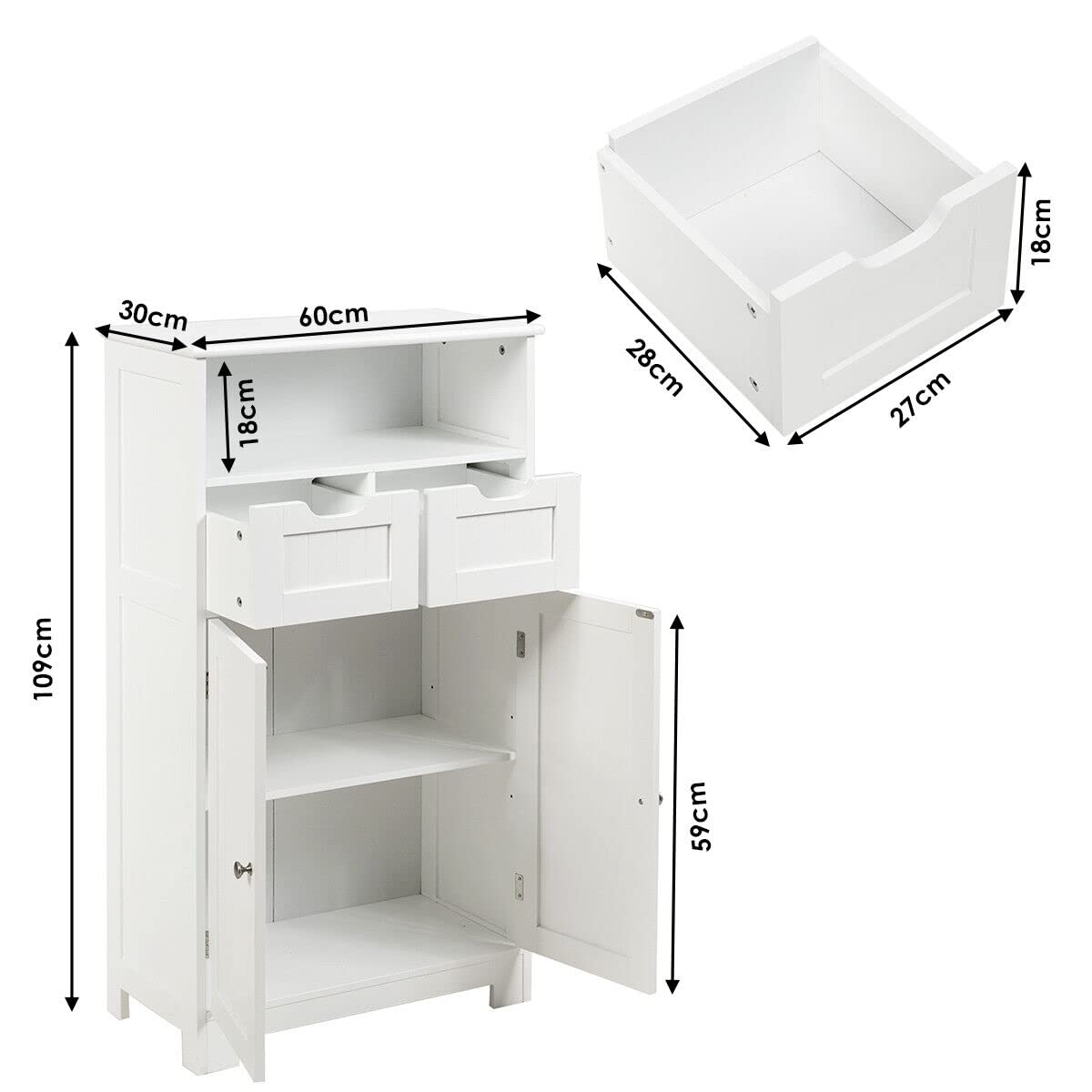 Bathroom Floor Cabinet, Storage Cabinet w/One Open Shelf Two Doors and Two Adjustable Drawers