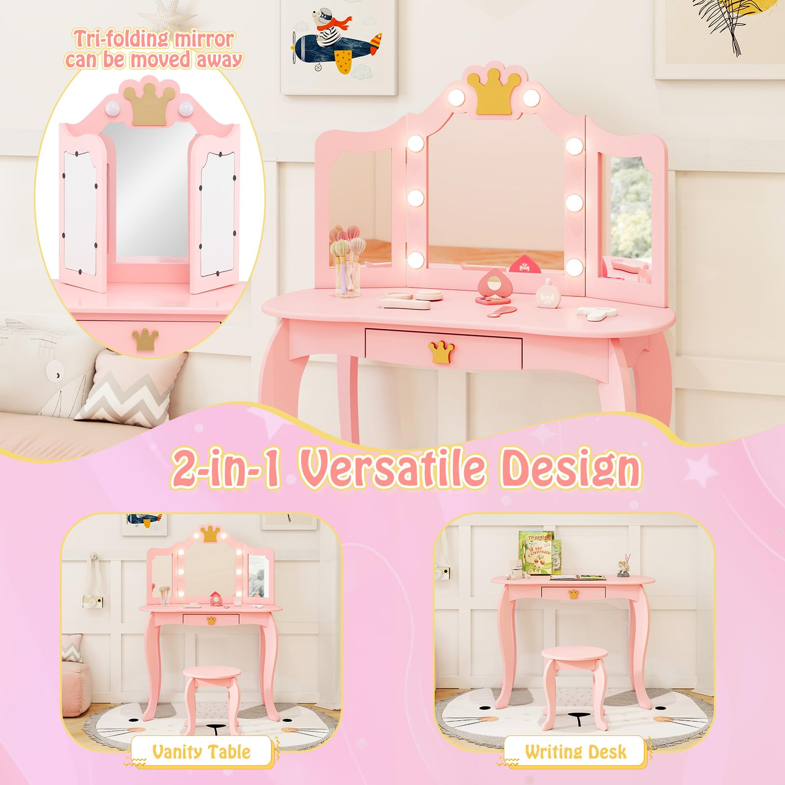 Kids Vanity Set with 3-Color Adjustable Lighted Mirror