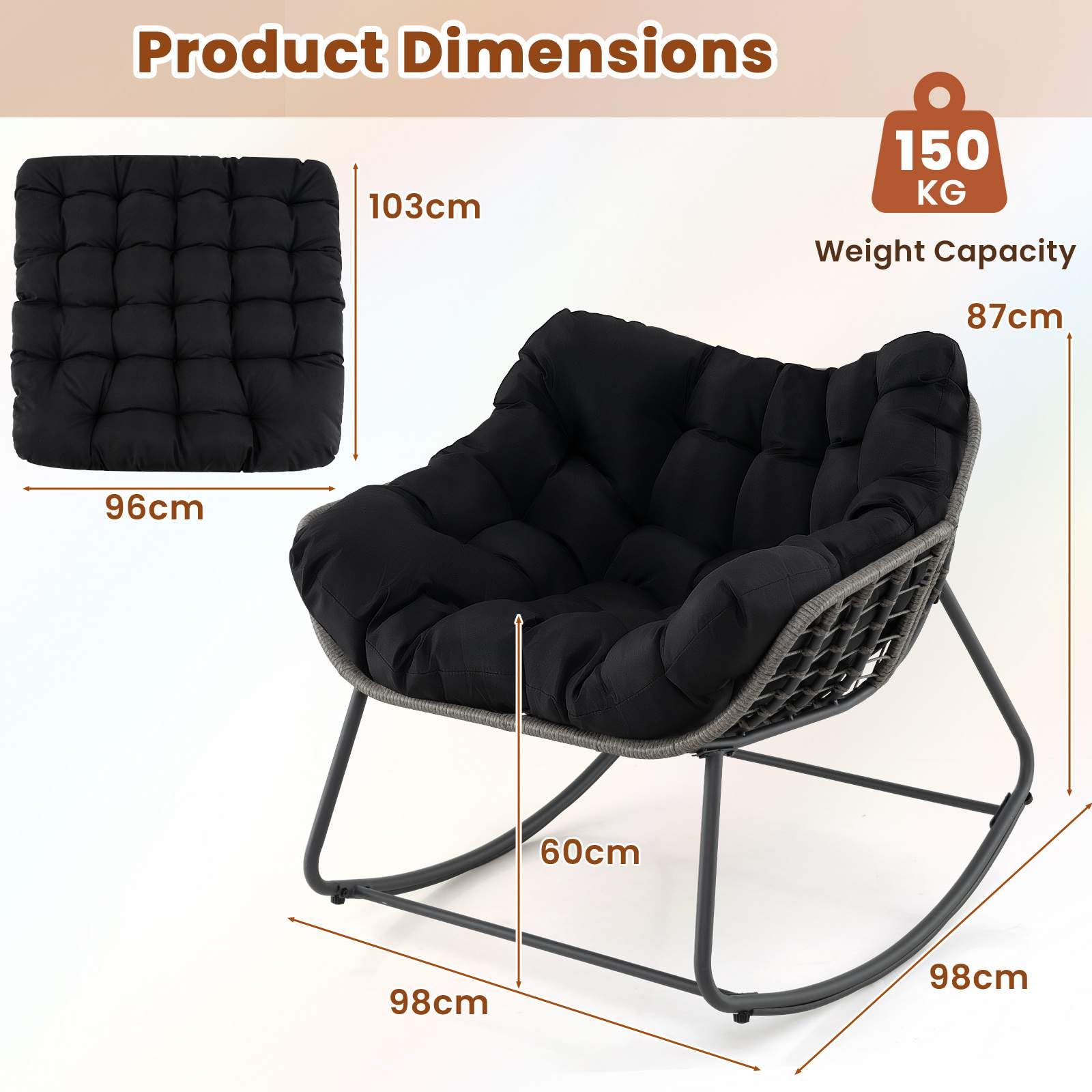 Outdoor Rocking Chair, Oversized Patio PE Wicker Egg Chair