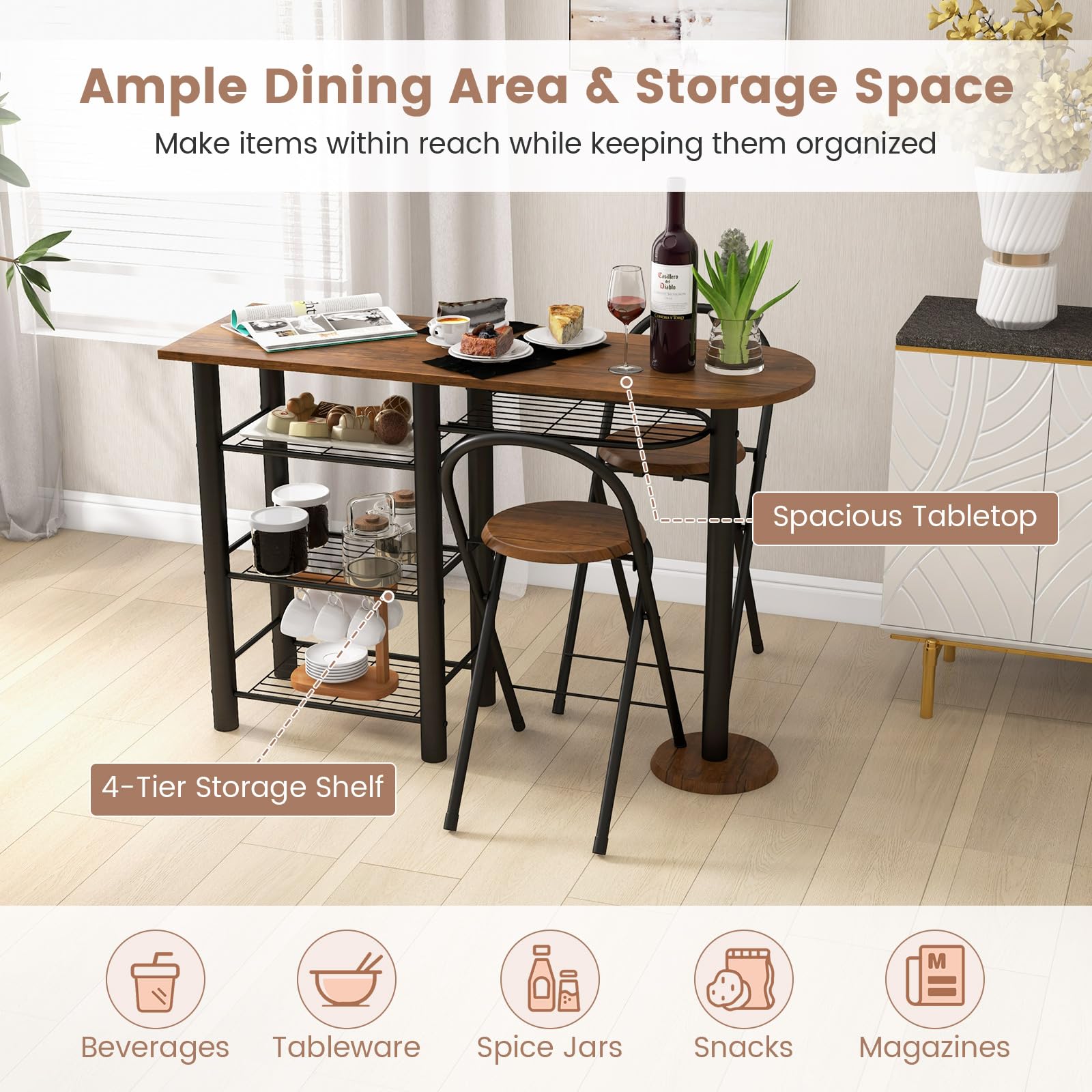Giantex 3-Piece Dining Table Set Retro Dining Table & 2 Foldable Chairs w/ 4-Tier Storage Shelf