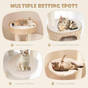 Cat Tree for Indoor Cats, Modern Cat Tower w/Cattail Fluff Condo & Top Perch, Sisal Scratching Posts, Hanging Basket