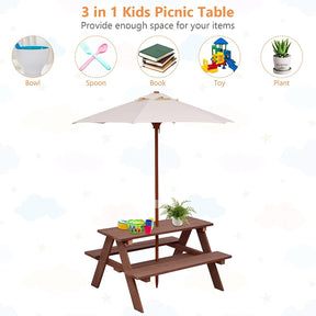 Kids Picnic Table, Wooden Table & Bench Set w/Removable & Foldable Umbrella, Toddler Patio Set for Backyard