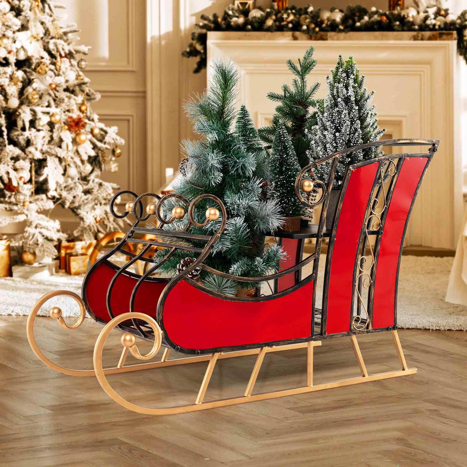 95CM Christmas Metal Sleigh Decoration, Decorative Santa’s Sleigh with 2-Tier Storage Shelf