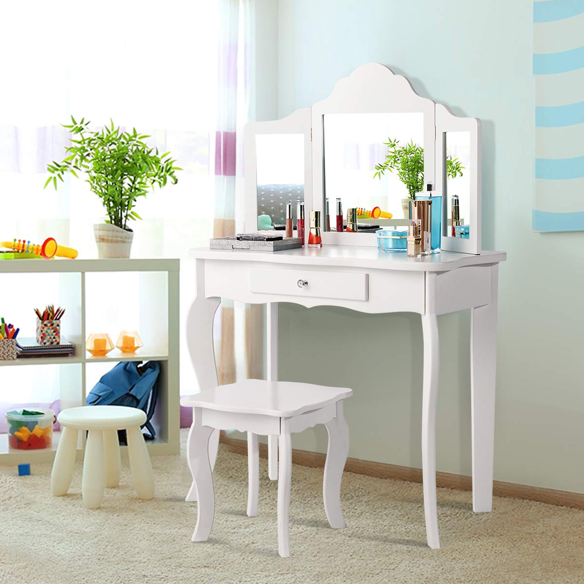 2 in 1 Kids Vanity Table & Chair Set, Princess Makeup Dressing Table with Drawer & Tri-Folding Mirror