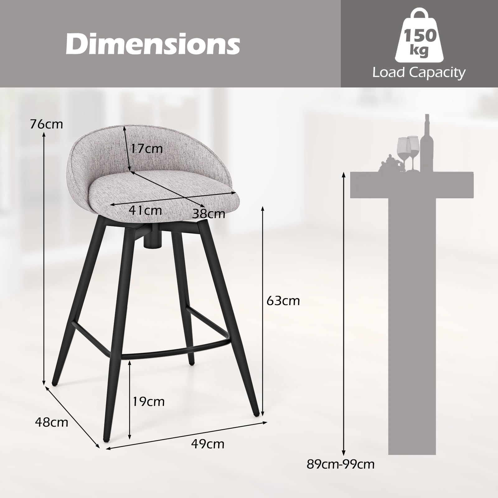 63 cm Upholstered Bar Stools Set of 2 Counter Height Swivel Barstools w/Footrest