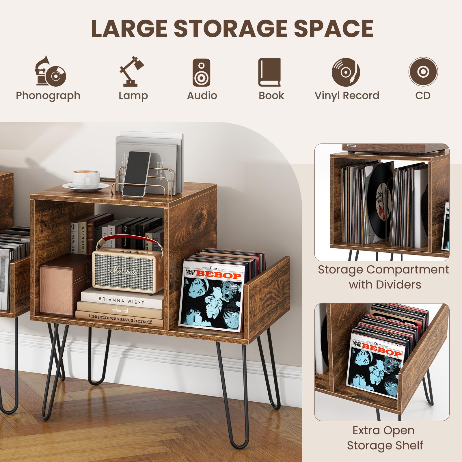 Giantex Record Player Stand with Power Outlet, Turntable Stand with Vinyl Divider & Display Shelf