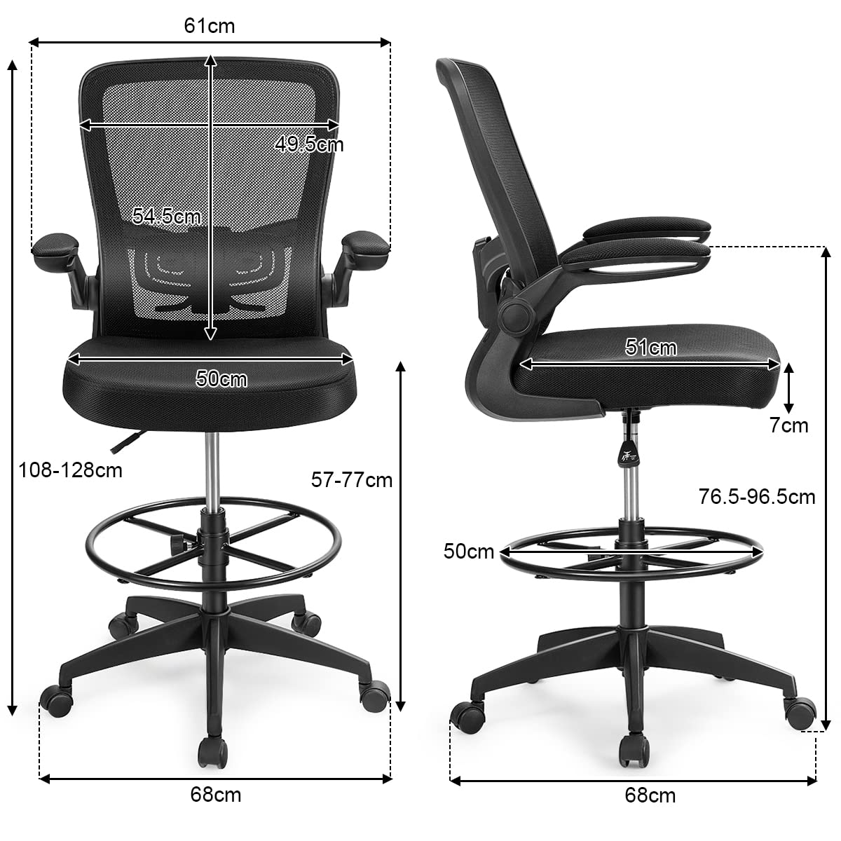 Adjustable Drafting Chair, 360° Swivel Designed Mesh Fabric Chair w/Lumbar Support