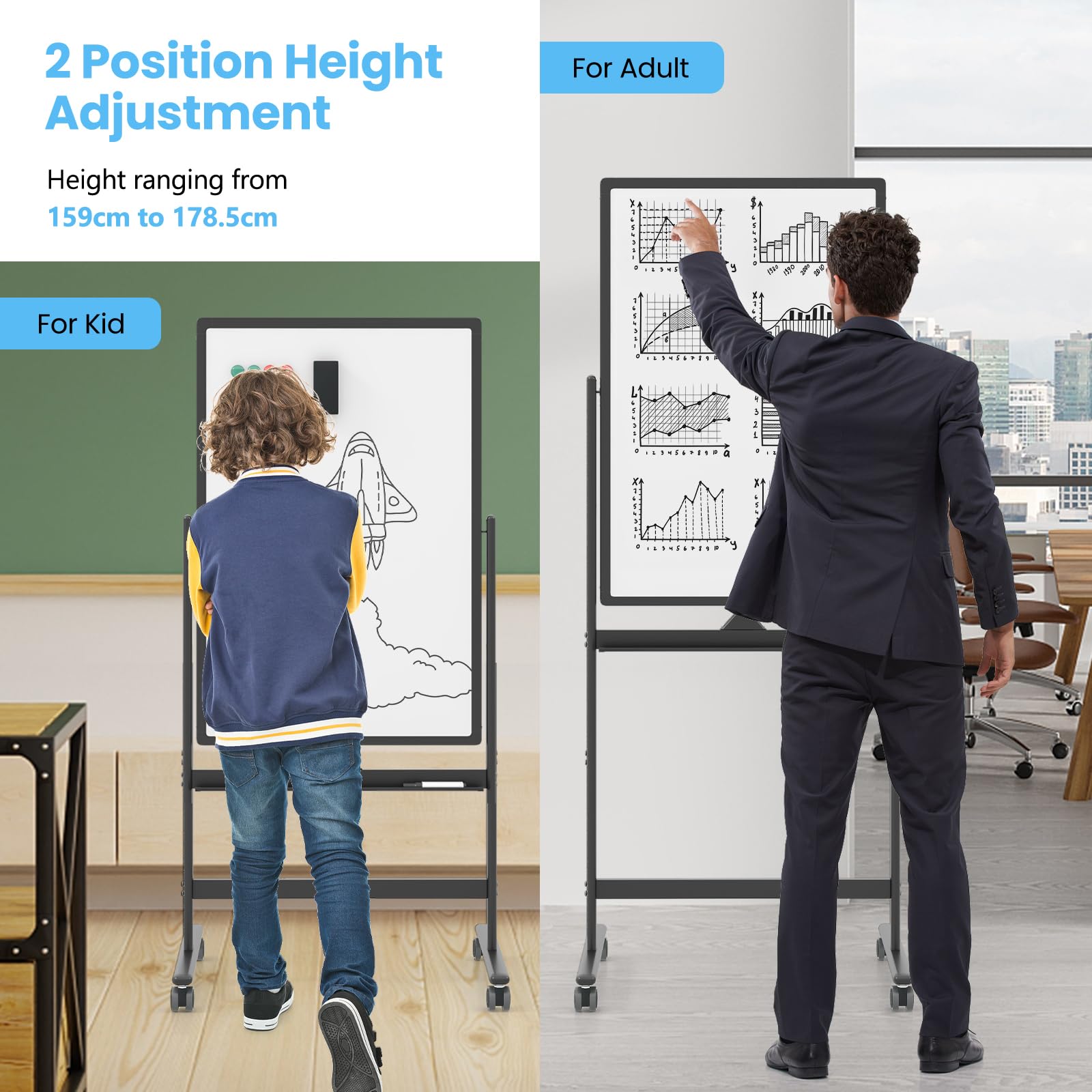 Mobile Magnetic Double-Sided Reversible Whiteboard, 360° Rolling Dry Erase Board w/Markers