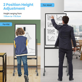Mobile Magnetic Double-Sided Reversible Whiteboard, 360° Rolling Dry Erase Board w/Markers