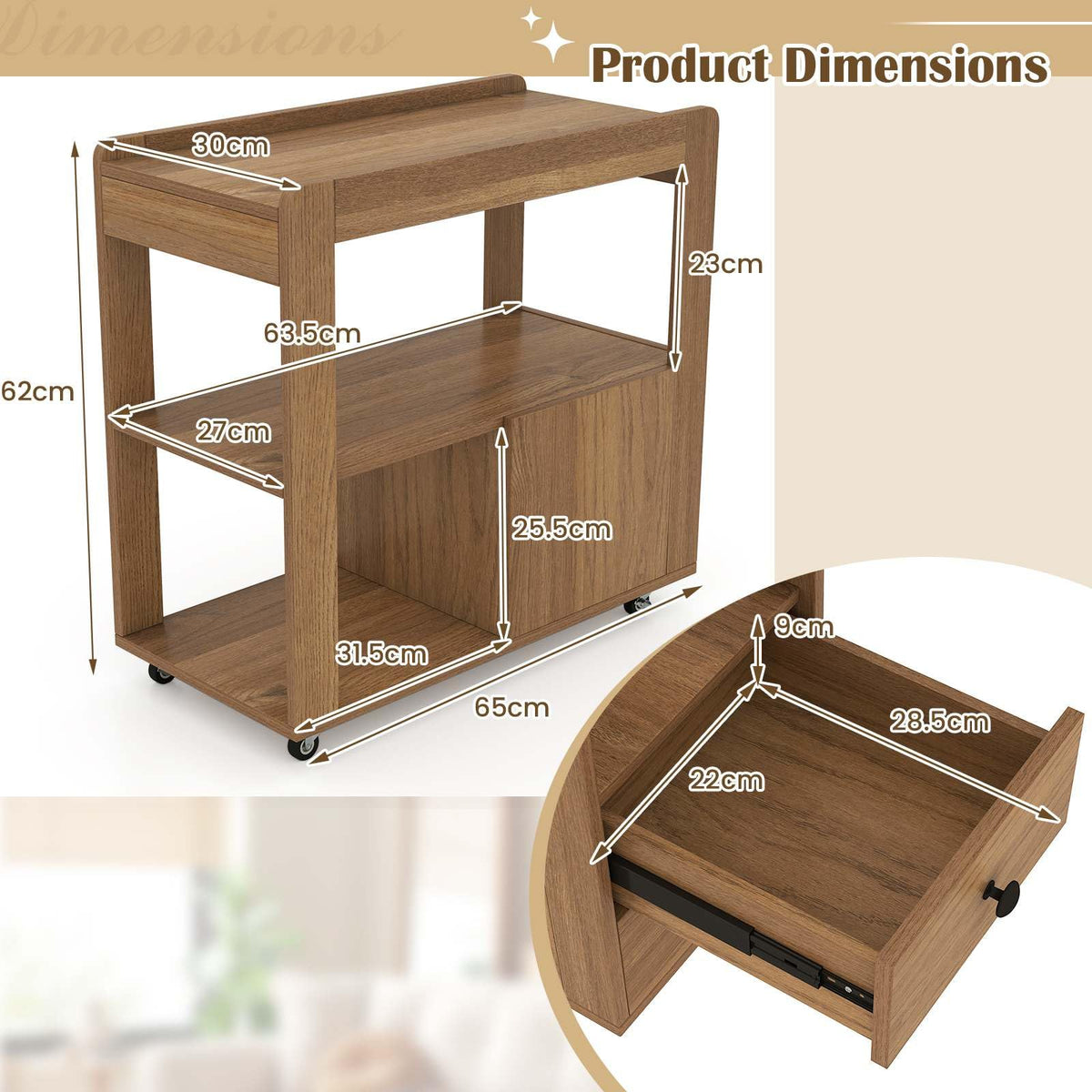 2-Drawer Sofa Side Table with Open Shelves, Modern Narrow End Table