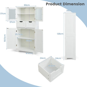 Giantex Floor Storage Cabinet with 4 Doors, Freestanding Bathroom Cabinet with 2 Glass Doors, White