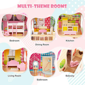 HONEY JOY Kids Wooden Dollhouse Playset w/15 Furniture Accessories